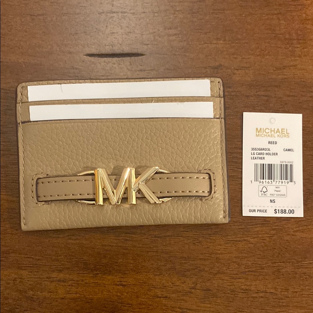 Michael Kors Camel Leather Card Holder with Gold Logo